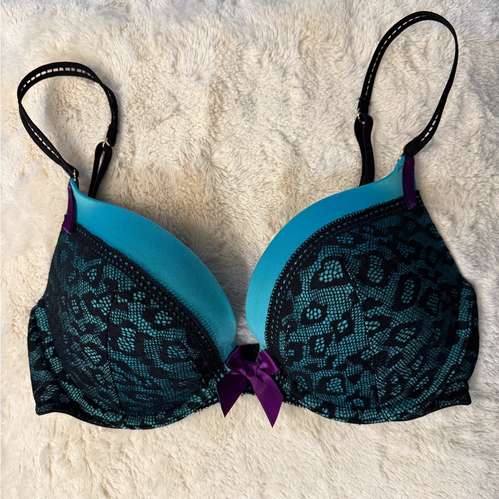Victorias Secret Very Sexy push up sz 32D teal blue w/ leopard lace overlay bra